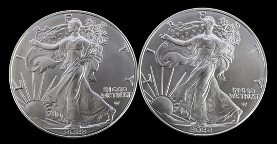 TWO SILVER EAGLES 1 OZT .999 SILVER 2022