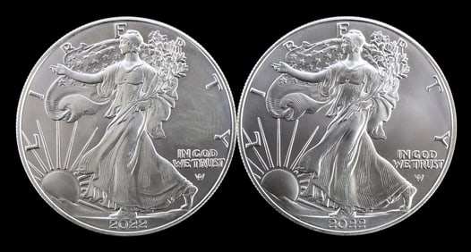TWO SILVER EAGLES 1 OZT .999 SILVER 2022