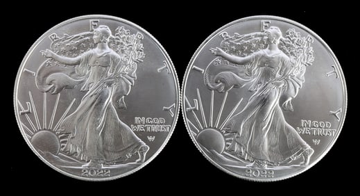 TWO SILVER EAGLES 1 OZT .999 SILVER 2022