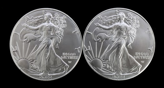 TWO SILVER EAGLES 1 OZT .999 SILVER 2022