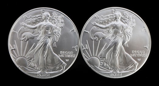 TWO SILVER EAGLES 1 OZT .999 SILVER 2022