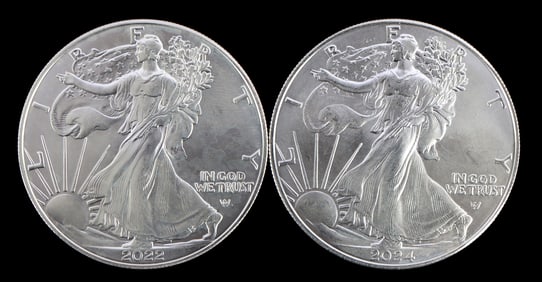 TWO SILVER EAGLES 1 OZT .999 SILVER MIXED DATE