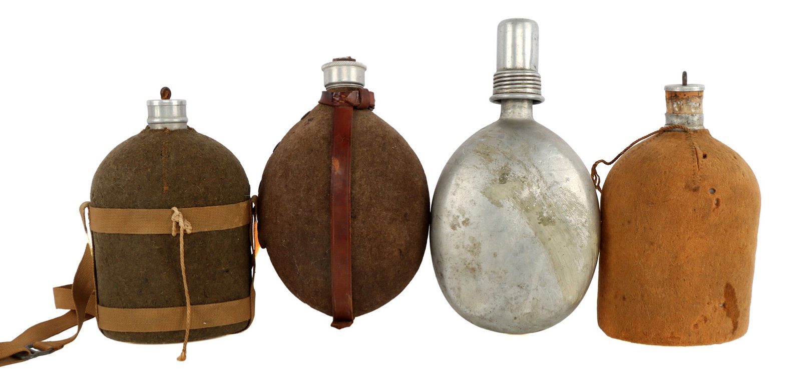 4 MILITARY CANTEEN LOT BELGIUM GERMAN CANADA: All good original condition with stoppers.