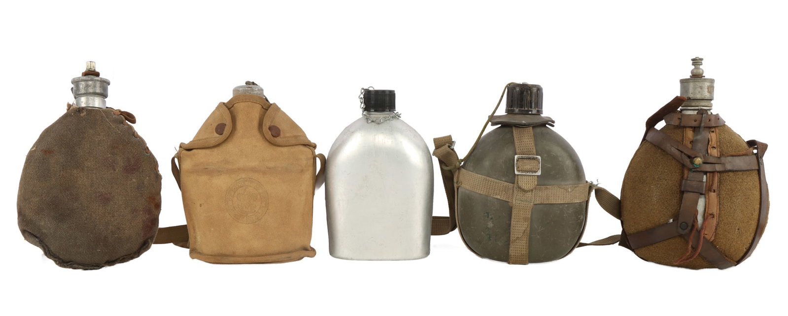 5 CANTEEN LOT ITALY BOY SCOUT & OTHERS: Includes Named Boy Scout, Italian Military and others. All with stoppers, and good original condition