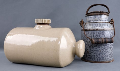 ANTIQUE HOT WATER BOTTLE & ENAMEL WATER CARRIER