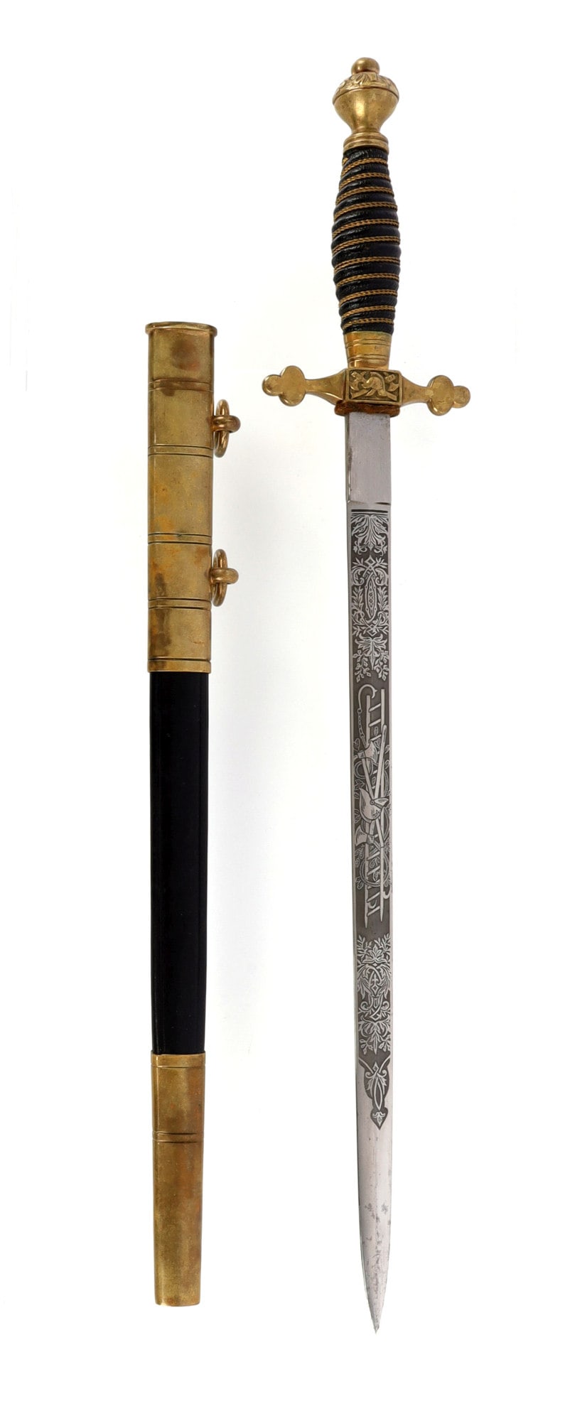 IMPERIAL GERMAN FIRE OFFICIAL DRESS DAGGER: Acid etched blade with Eickhorn maker mark. Brass crossguard, wrapped with wire and leather bound grip. Brass pommel. Housed in brass and leather scabbard. It measures 18 3/8 inches. From featured dea