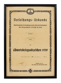 U-BOAT WAR BADGE CERTIFICATE OF ISSUE NCO 1944