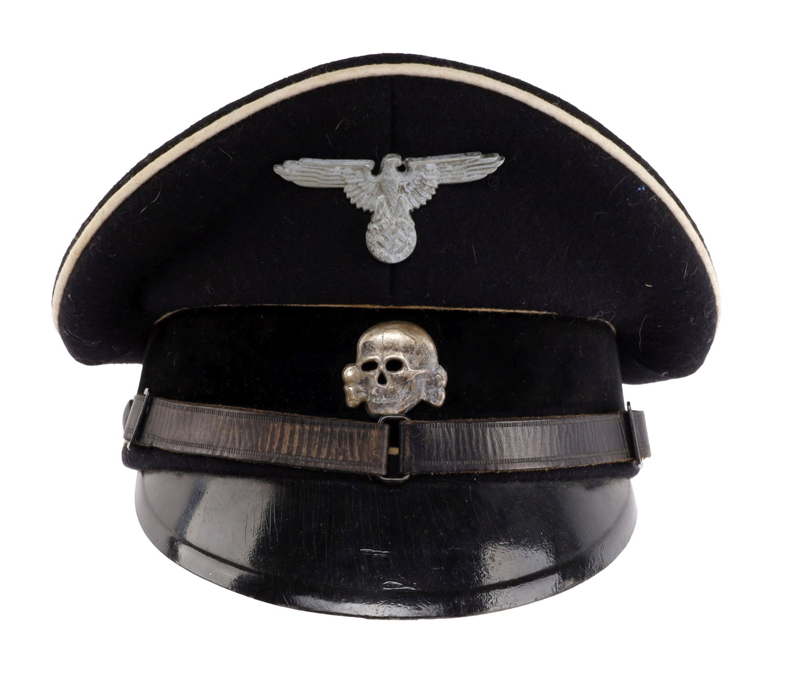 ALLGEMEINE SS OFFICER VISOR WWII GERMAN REICH: Allgemeine SS officer visor with black wool and velvet band. Leather chin strap. Zinc eagle and silver plated skull. Size 57. SS gold print on silk lining. SS RZM tag under sweatband numbered 076772. 