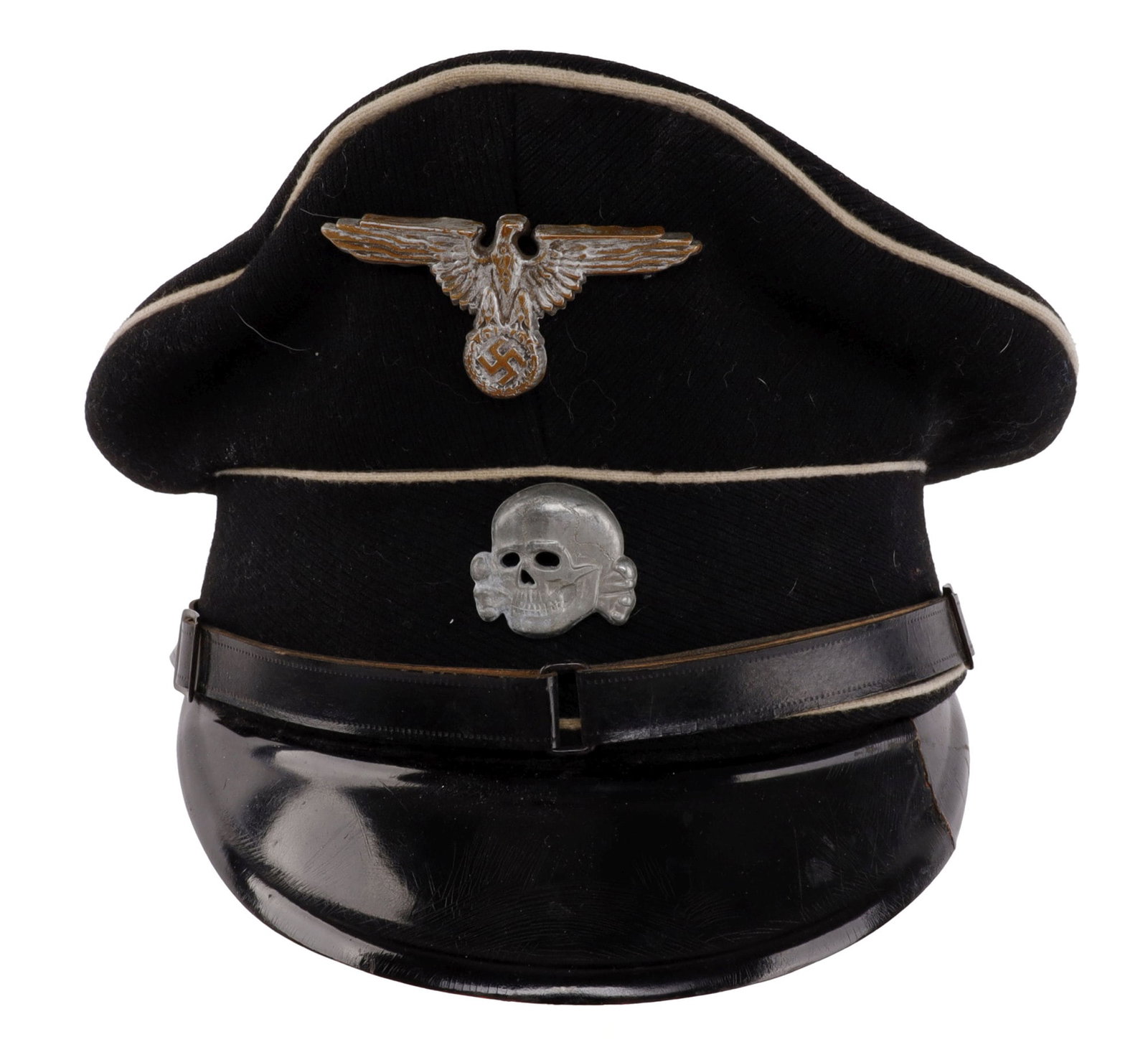 ALLGEMEINE SS OFFICER VISOR WWII GERMAN REICH: Black wool visor with white piping. Bronze eagle with finish loss, zinc skull. Leather sweat band with ink stamp "H B 1940". Size 56. Very good condition overall. From featured dealer John Fiske.
