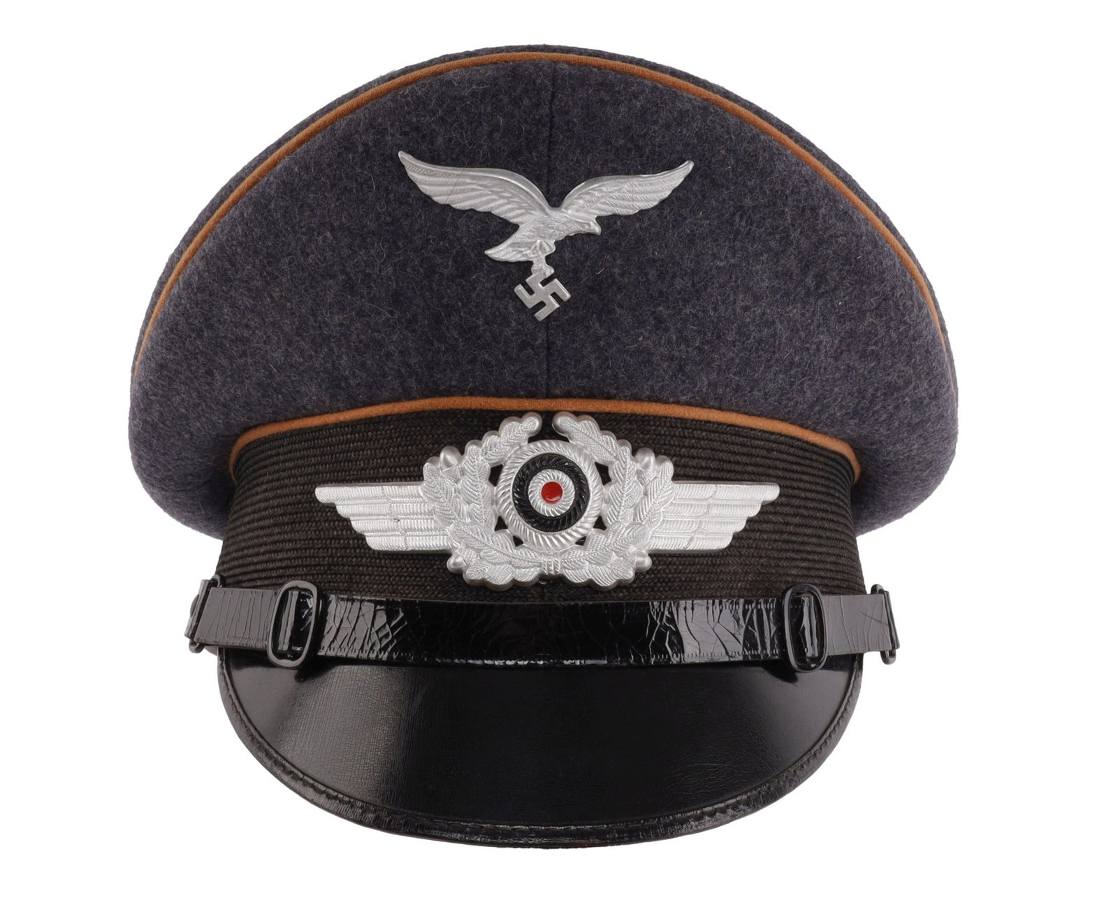 LUFTWAFFE NCO VISOR CAP WWII GERMAN THIRD REICH: Blue gray construction with orange piping and a black leather strap. Aluminum eagle and cockade on front. Interior diameter measures 8 inches. From featured dealer John Fiske.