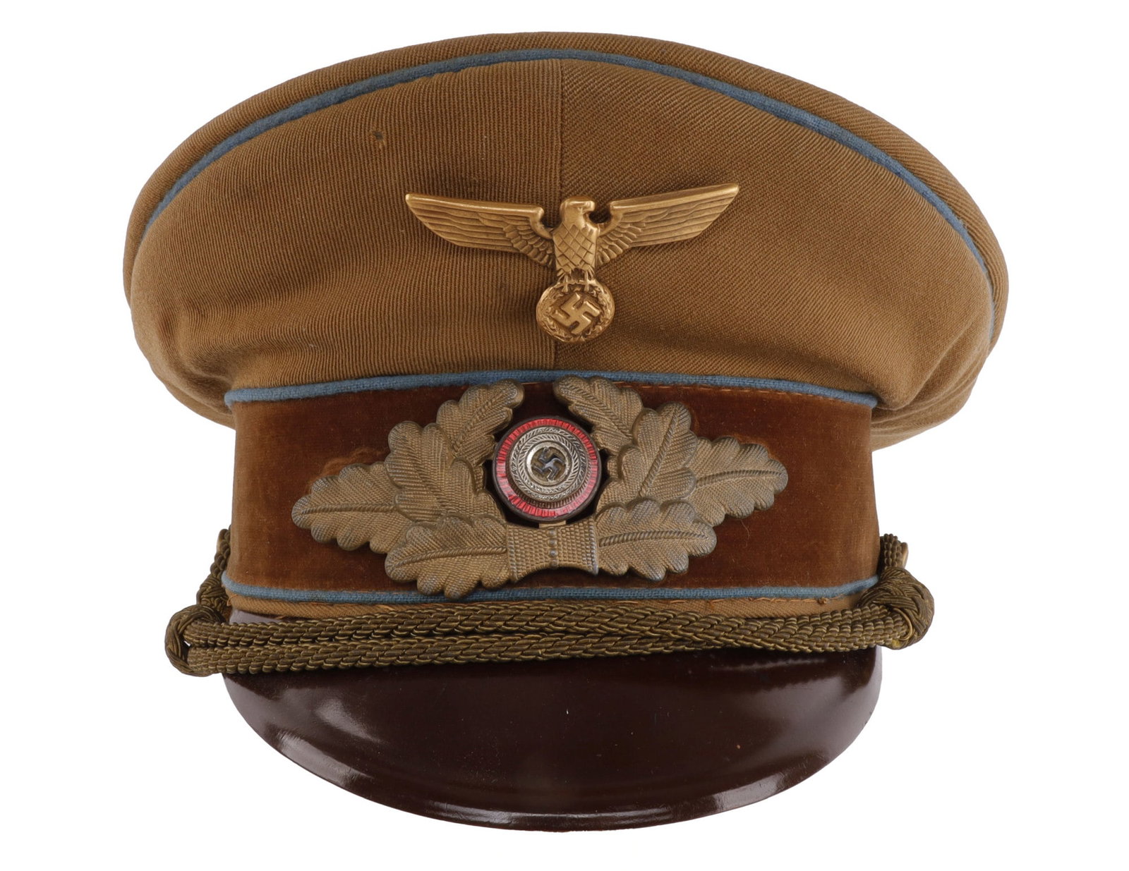 NSDAP ORTSGRUPPE LEADER VISOR WWII GERMAN: Political leader visor cap with bullion chin strap, three piece cockade, blue piping and brown velvet center band. Leather sweatband with silk liner. Interior diameter measures 7 3/8 inches approximat