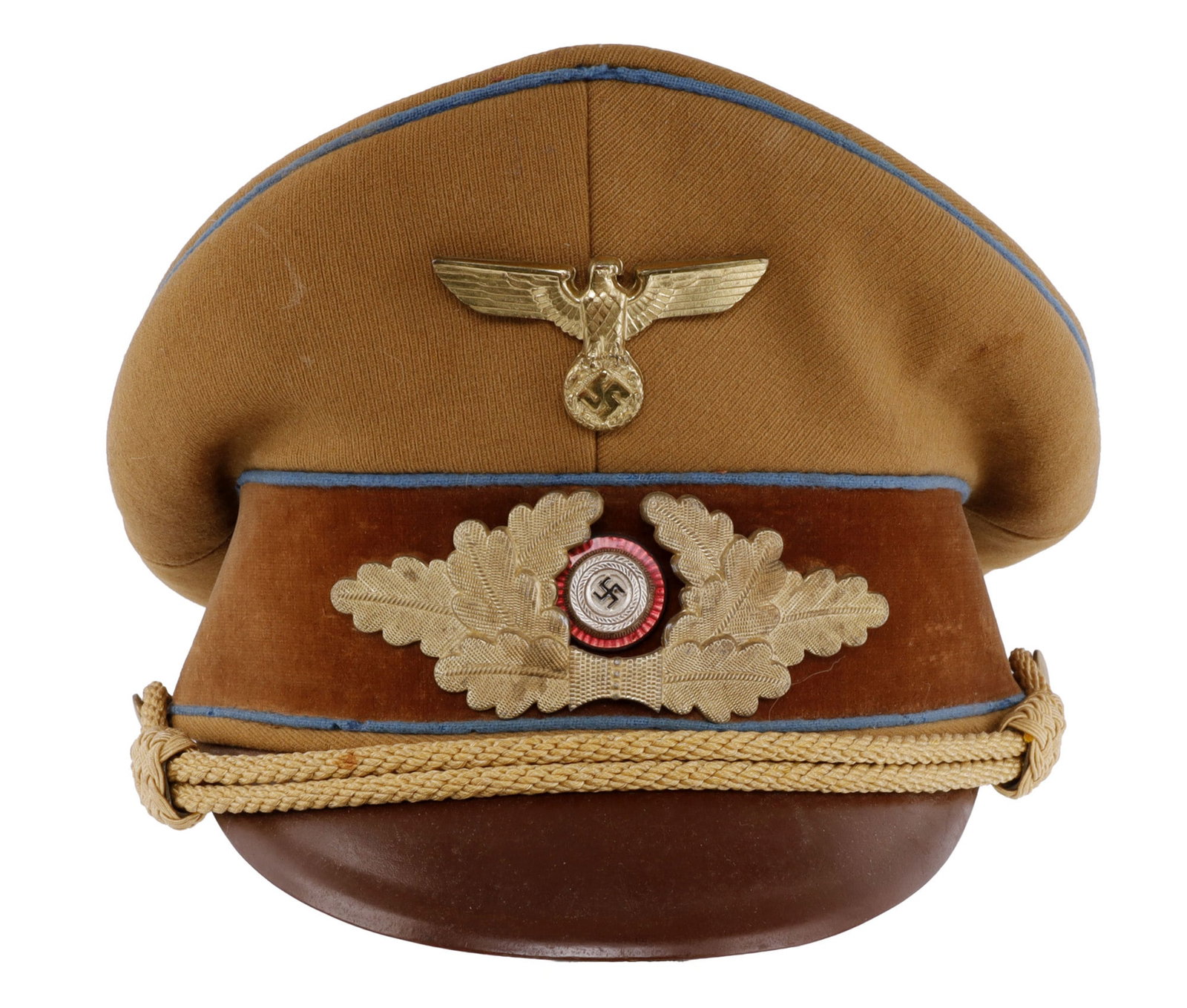 NSDAP ORTSGRUPPE LEADER VISOR WWII GERMAN: Political leader visor cap with bullion chin strap, three piece cockade, blue piping and brown velvet center band. Leather sweatband with silk liner. Interior diameter measures 56 inches approximately