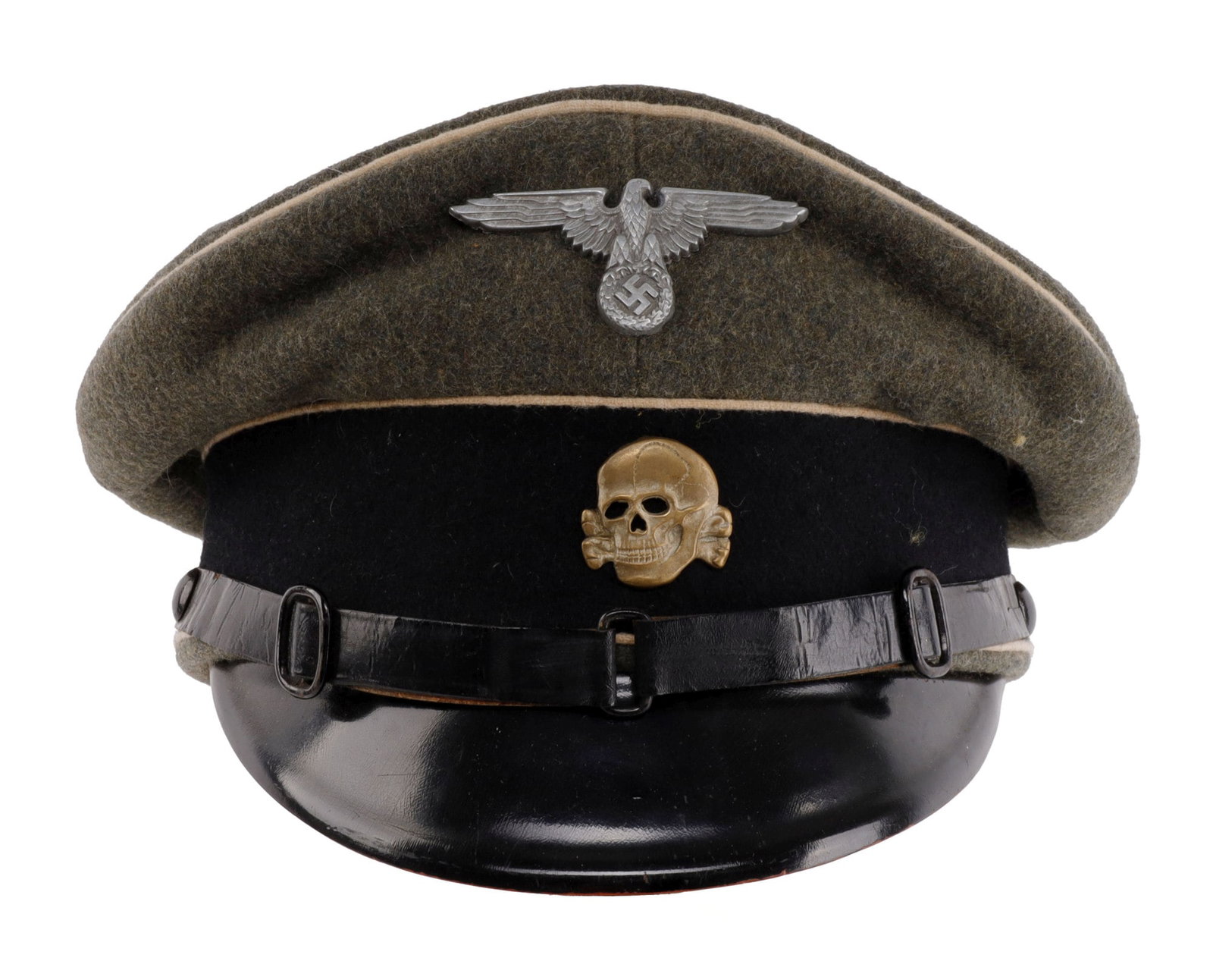 WAFFEN SS EM VISOR WWII GERMAN THIRD REICH: Field grey visor with white piping Size 56 1/2. Very fine condition. Zinc or aluminum eagle with skull featuring worn finish. Leather chinstrap. Non-fluorescing. From featured dealer John Fiske.