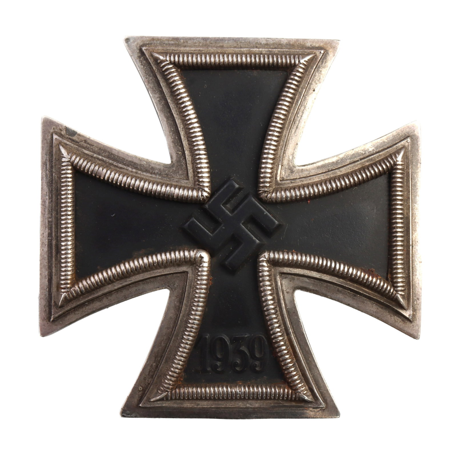 FIRST CLASS IRON CROSS SS ENGRAVING: Two-piece silver frame with magnetic core and black lacquer finish. Reverse hand engraved with SS dedication for officer Georg Bochman. L/11 maker. 1-5/8 inches. Very good condition.