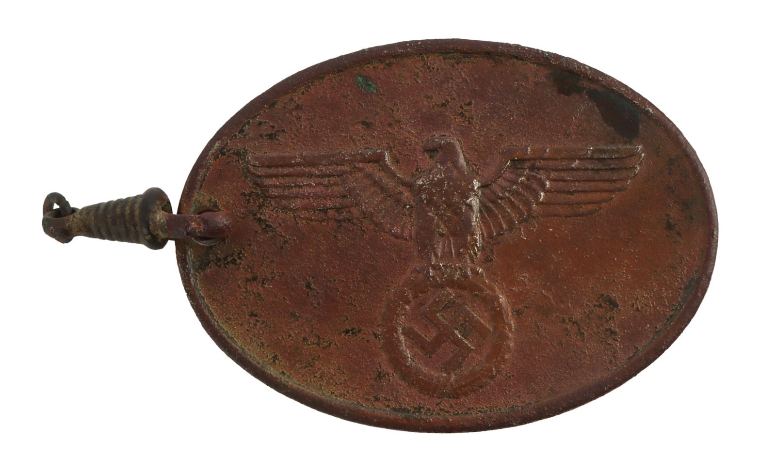WWII WEHRMACHT GESTAPO ID TAG: WWII Third Reich Police ID with Wehrmacht eagle. Copper construction. Reverse reads 'Geheime Staatspolizei 1660'. Measures 2 W &1.68 L inches. Very good condition. From featured dealer John Fiske.
