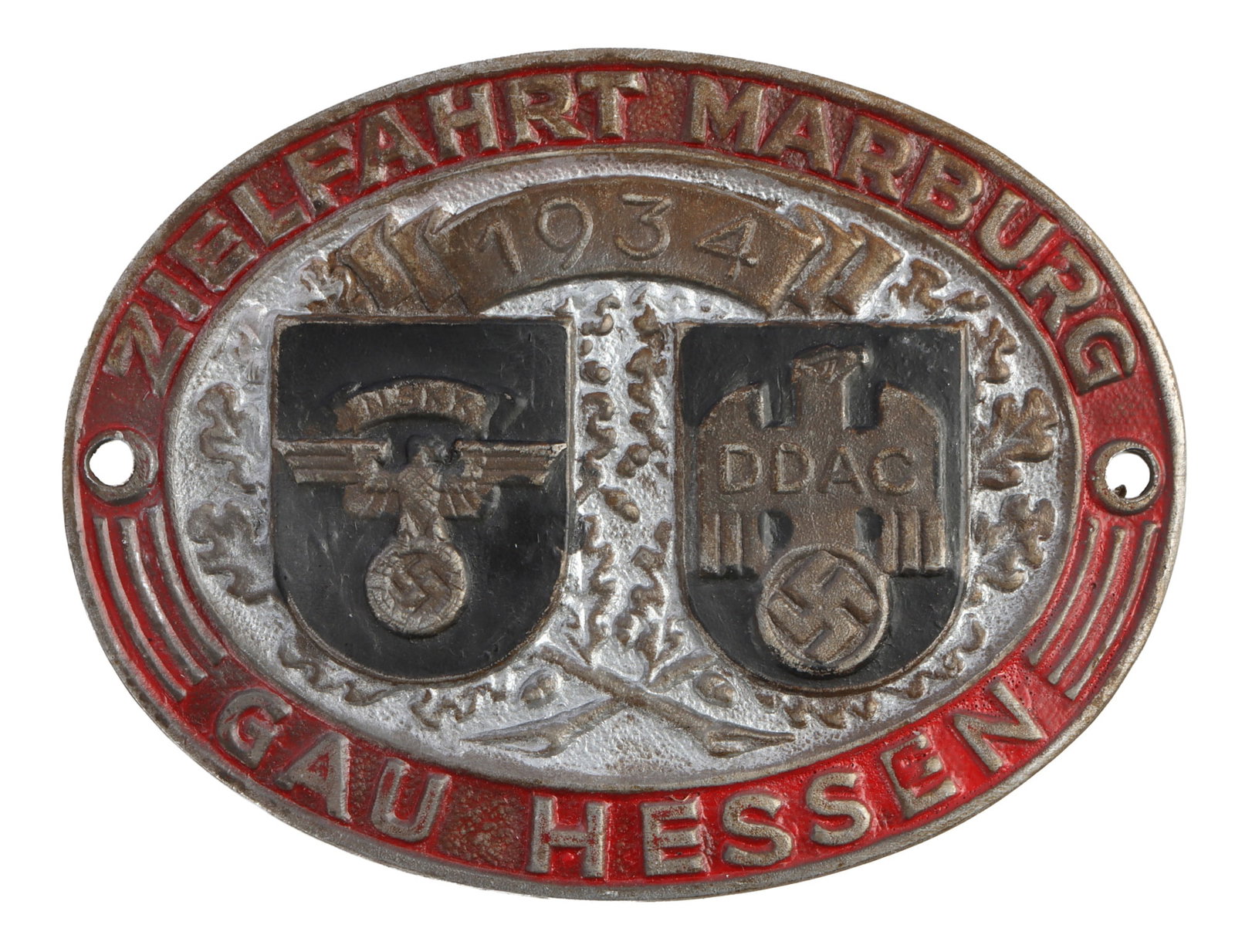 NSKK DDAC MARBURG ROAD RACE 1934 WWII GERMAN: A plaque commemorating the 1934 Marburg Road Race, from DDAC/NSKK. Very good, original condition. From featured dealer John Fiske.