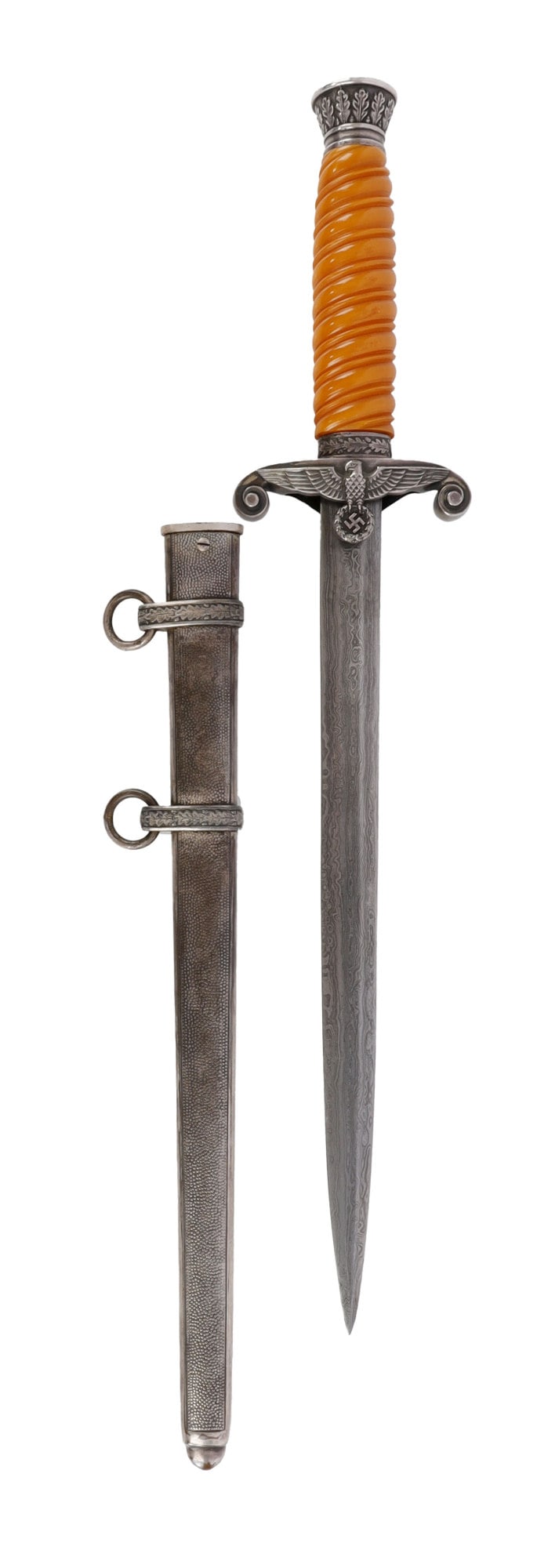 DAMASCUS ARMY OFFICER DAGGER WWII GERMAN: Damascus blade and tang, celluloid grip, silver plated crossguard and pommel. It measures 15 1/2 inches. Tight fit in scabbard. From featured dealer John Fiske.