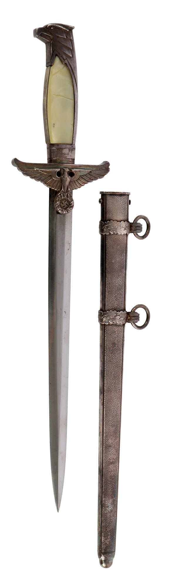 DIPLOMATIC OFFICIAL DAGGER WWII GERMAN REICH: Steel blade with acid etched Alcoso maker's mark. Silver plated crossguard and grip with pearl grip plates. Housed in silver plated pebbled scabbard. It measures 14 1/4 inches. Very fine condition. Fr