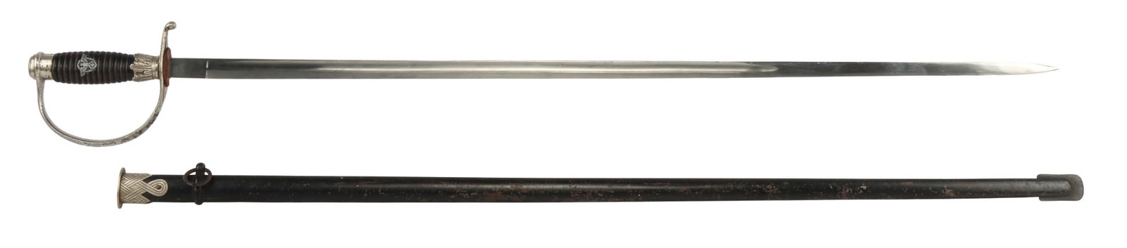 HOLLER POLICE DEGEN SWORD WWII GERMAN REICH: 13 band grip with inlaid police insignia. Single-edged blade with double-edged point and fullers on both sides. No stop washer. Ebony grip with minor wear on lacquer. Steel knuckle-bow hilt. Blade is 