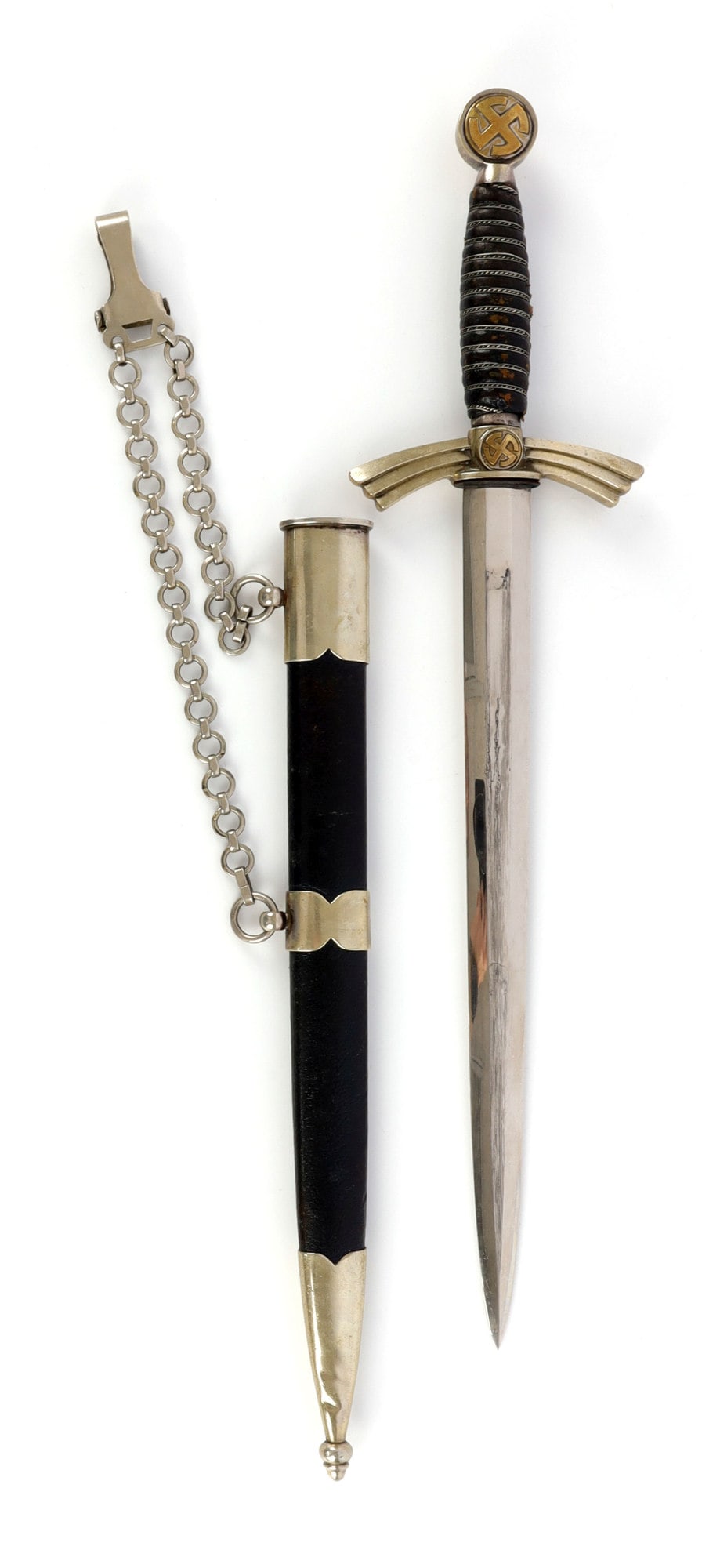 LUFTWAFFE OFFICER'S DAGGER FIRST MODEL F&A HELBIG: First model Luftwaffe officer's dagger, with scabbard and hanger, by F&A Helbig of Steinbach. Nickel-plated steel blade, length 12-1/8 inches. Overall length 17-3/4 inches. Thin script maker's mark en