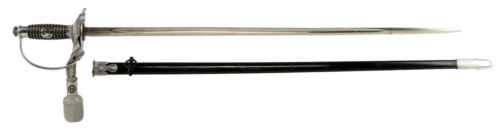 NEAR MINT SS DEGEN DRESS SWORD WWII GERMAN: A sword for SS officers with sword knot, no maker's mark. 13 band grip with inlaid SS runes. Single-edged blade with double-edged point and fullers on both sides. Stop washer. Ebony grip with minor we