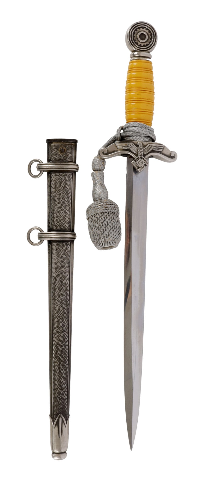SS HONOR DAGGER FROM ALCOSO WWII GERMAN: Steel blade with acid etched motto. Alcoso make. Inset SS insignia and eagle. Nickel plated crossguards interior numbered 15. GAU Niederrhein mark. Housed in painted scabbard. The blade measures 8 11/