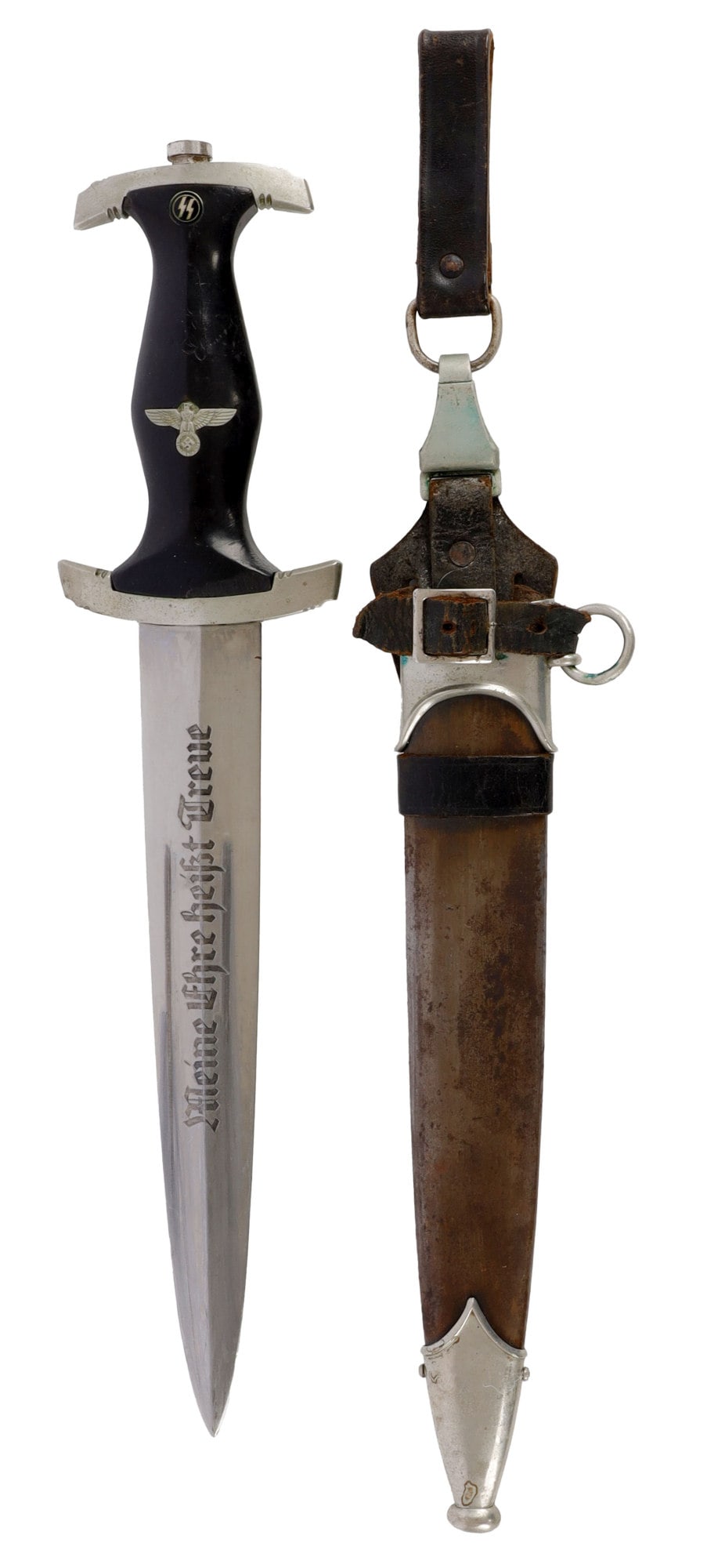 SS HONOR DAGGER W SERIAL NUMBER WWII GERMAN: Steel blade with acid etched motto, Gottlieb maker's mark. Nickel crossguards with serial number 270111 and I roman numeral. Black grip with inlaid SS rune and eagle. Very good condition overall. Slig