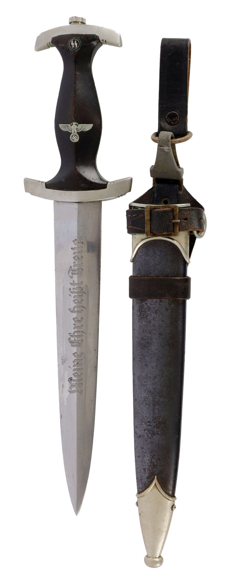 SS HONOR DAGGER W SERIAL NUMBER WWII GERMAN: Steel blade with acid etched motto, no maker's mark. Nickel crossguards with serial number 228229 and II roman numeral. Black grip with inlaid SS rune and eagle. Very good condition overall. Slight ch