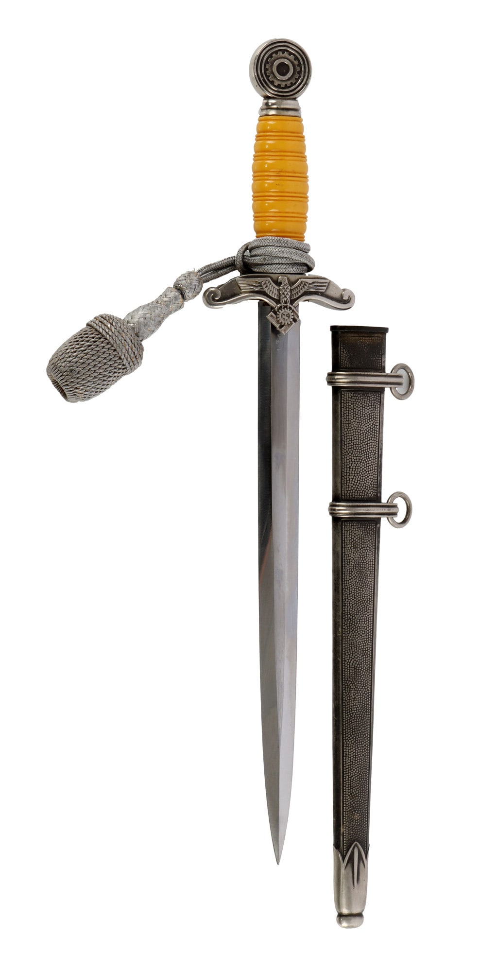 TENO LEADER'S DAGGER & MATCHING SCABBARD EICKHORN: Technische Nothilfe (TENO) Leader's Dagger with matching serialized scabbard and portepee. Nickel-plated steel blade, length 11 inches. Overall length 16-1/8 inches. Bakelite grip. Ricasso etched with