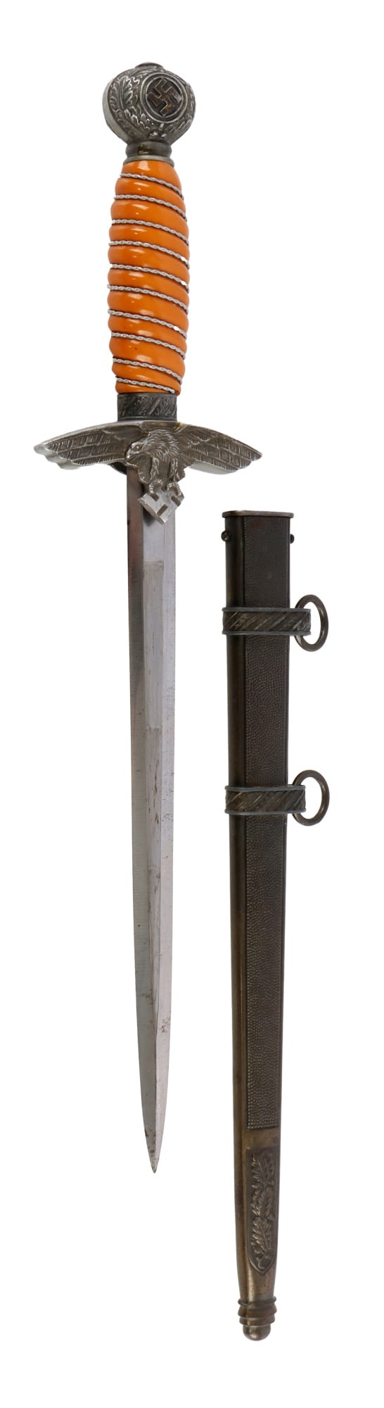LUFTWAFFE DAGGER WITH BAKELITE HANDLE WWII GERMAN: Luftwaffe dagger with bakelite grip. Maker's mark for Horster. Total item length is 17.5 inches. Very good, original condition. From featured dealer John Fiske.