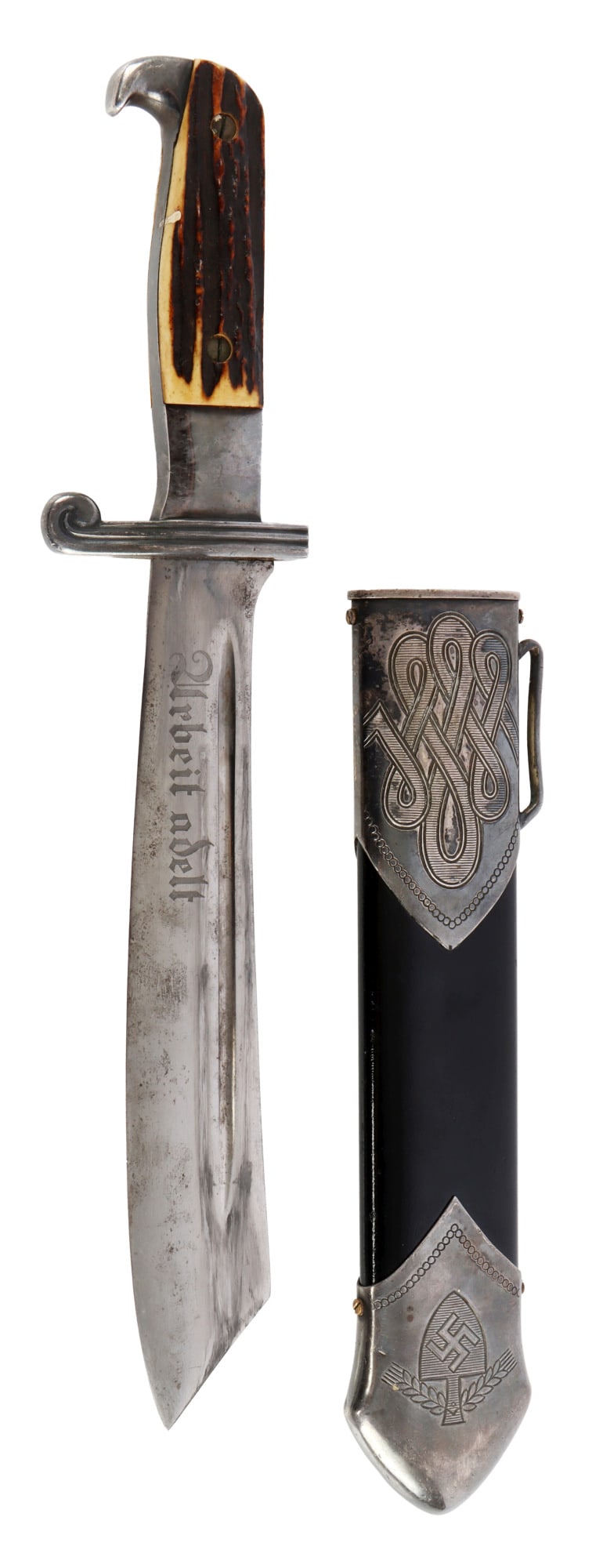 RAD HEWER DAGGER WWII GERMAN THIRD REICH: A RAD hewer dagger. Acid etched inscription on blade. Stag antler handle. Gottlieb Hammesfahr maker's mark. Total item length is 15.6 inches. Very good, original condition.