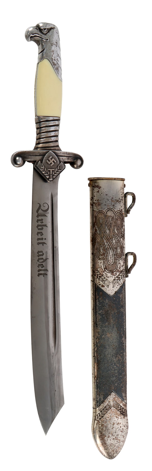 RAD HEWER DAGGER WWII GERMAN THIRD REICH WWII: A RAD hewer dagger. Acid etched inscription on blade. White handle. Krebs maker's mark. Total item length is 15.75 inches. Very good, original condition.