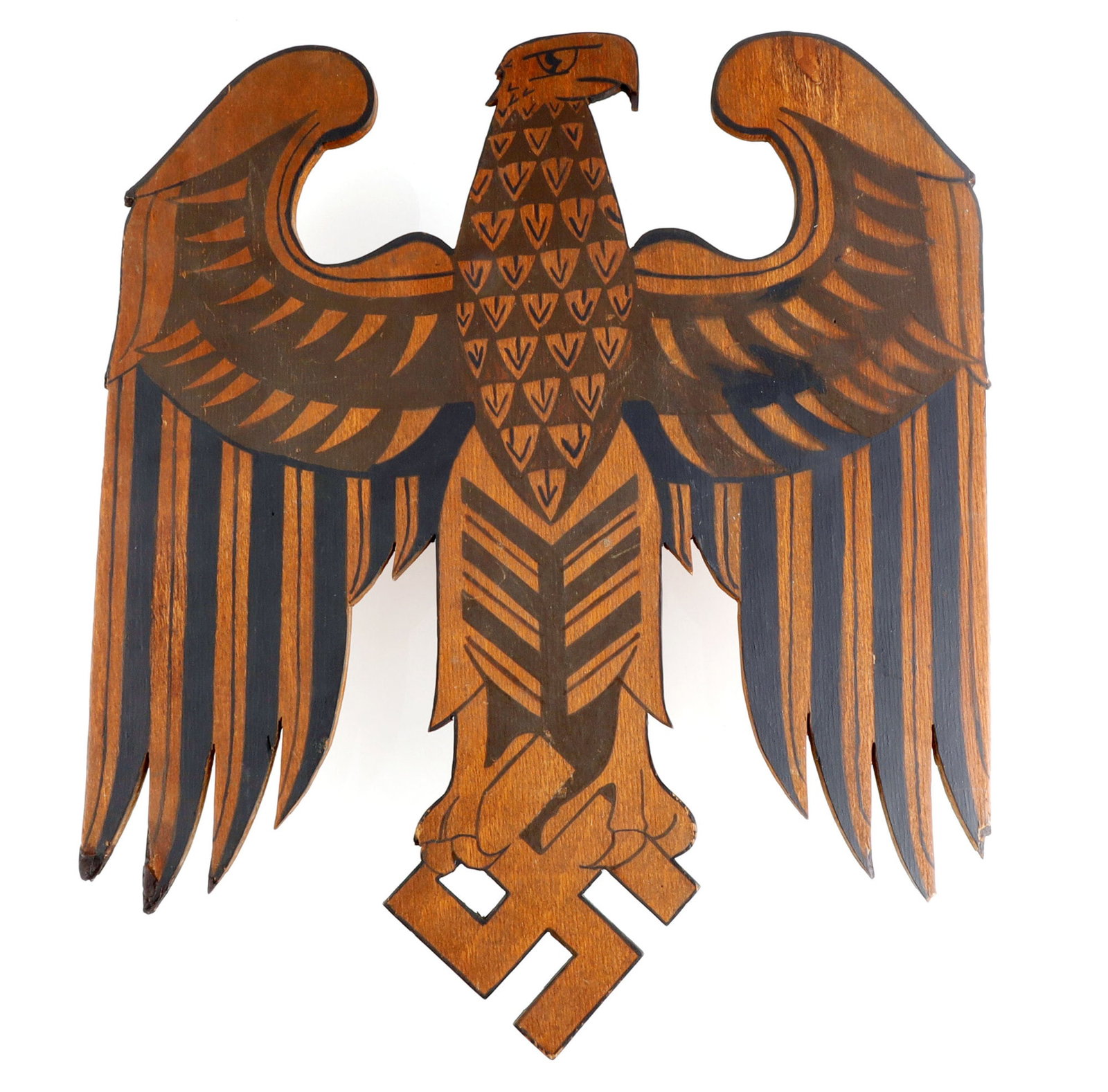 WWII GERMAN REICH WOODEN REICHSADLER HITLERJUGEND: A wooden Reichsadler, an eagle holding a swastika. This item is hand-made and rustic in design. It was claimed to have been made by a member of the Hitlerjugend to be auctioned off in support of wound