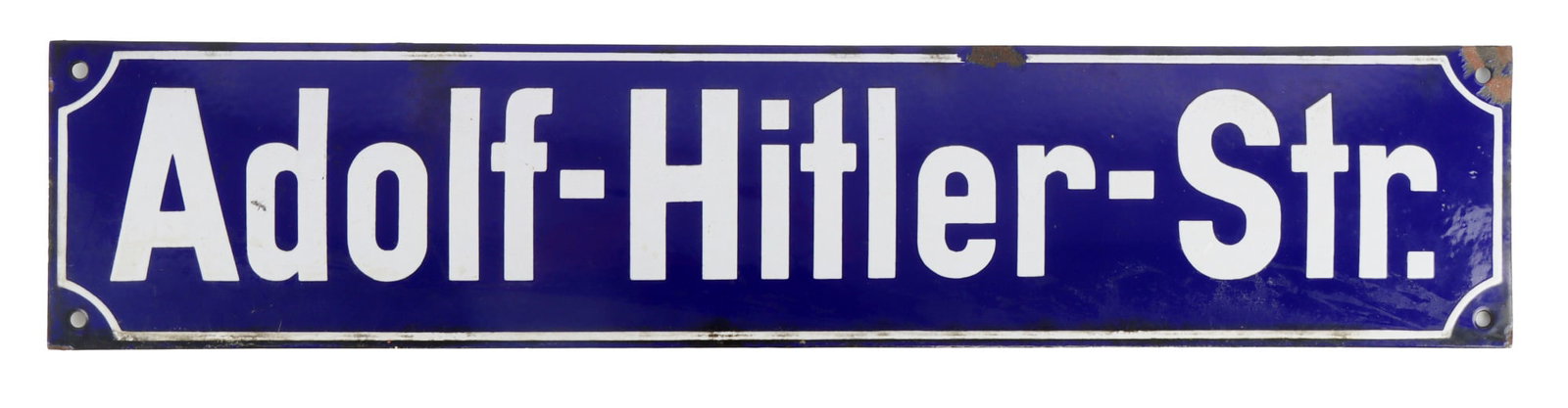ADOLF HITLER STREET SIGN THIRD REICH: Blue and white painted metal street sign with raised lettering reading "Adolf-Hitler-Str." 28 1/4 X 6 inches. Very good condition. From featured dealer John Fiske.
