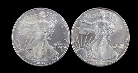 TWO .999 FINE SILVER AMERICAN EAGLES 2001 2003