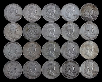 $10 FACE 90% SILVER FRANKLIN HALF DOLLARS