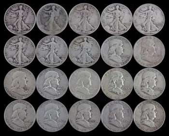 $10 FACE VALUE 90% SILVER FRANKLIN & WALKING HALF