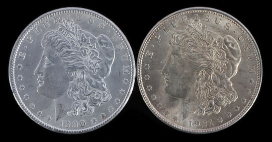 2 MINT STATE MORGAN SILVER DOLLARS 1900 1921