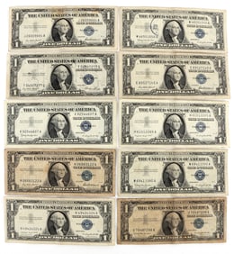 US $1 NOTE BLUE SEAL LOT OF 10 SHORT SNORTER