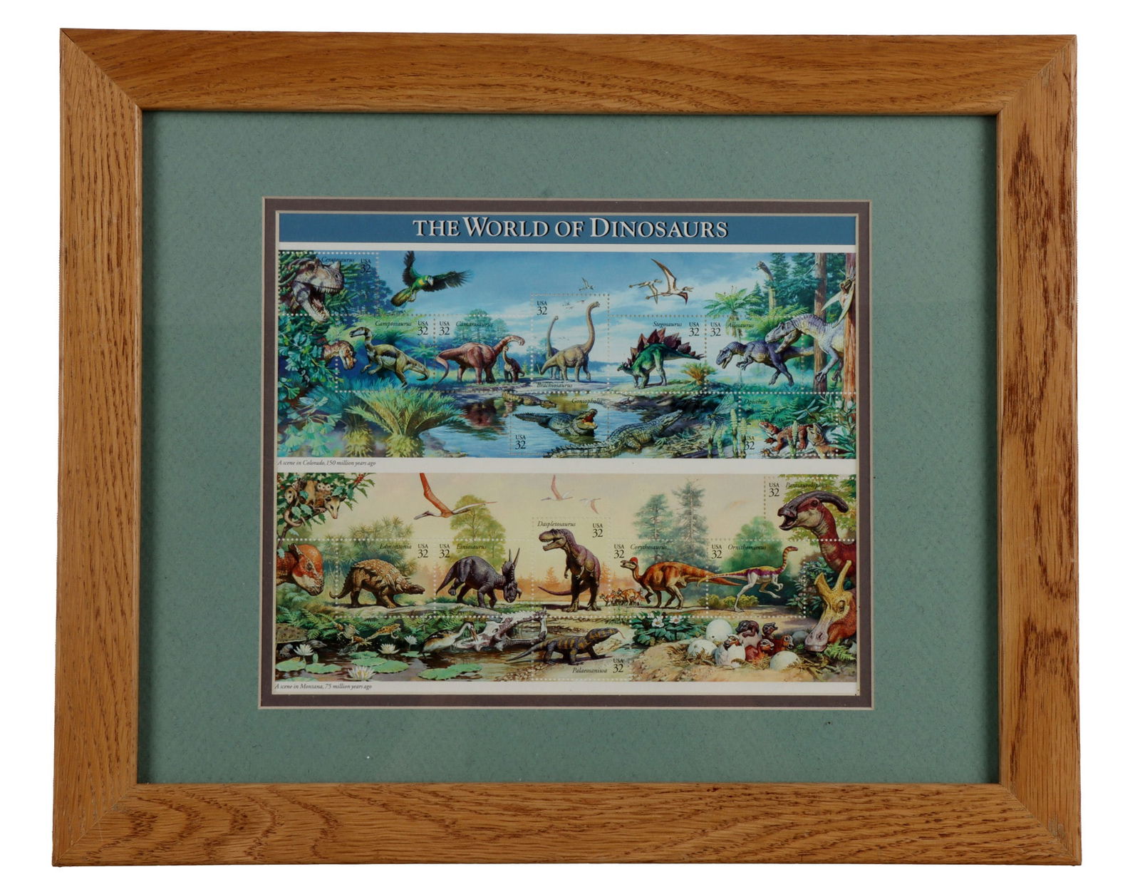 WORLD OF DINOSAURS FRAMED PLATE BLOCK 19 STAMPS: Framed 16 x 13 inches, Dinosaur plate block. This lot reserved at melt.