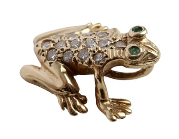 14K YELLOW GOLD DIAMOND EMERALD FROG PENDANT