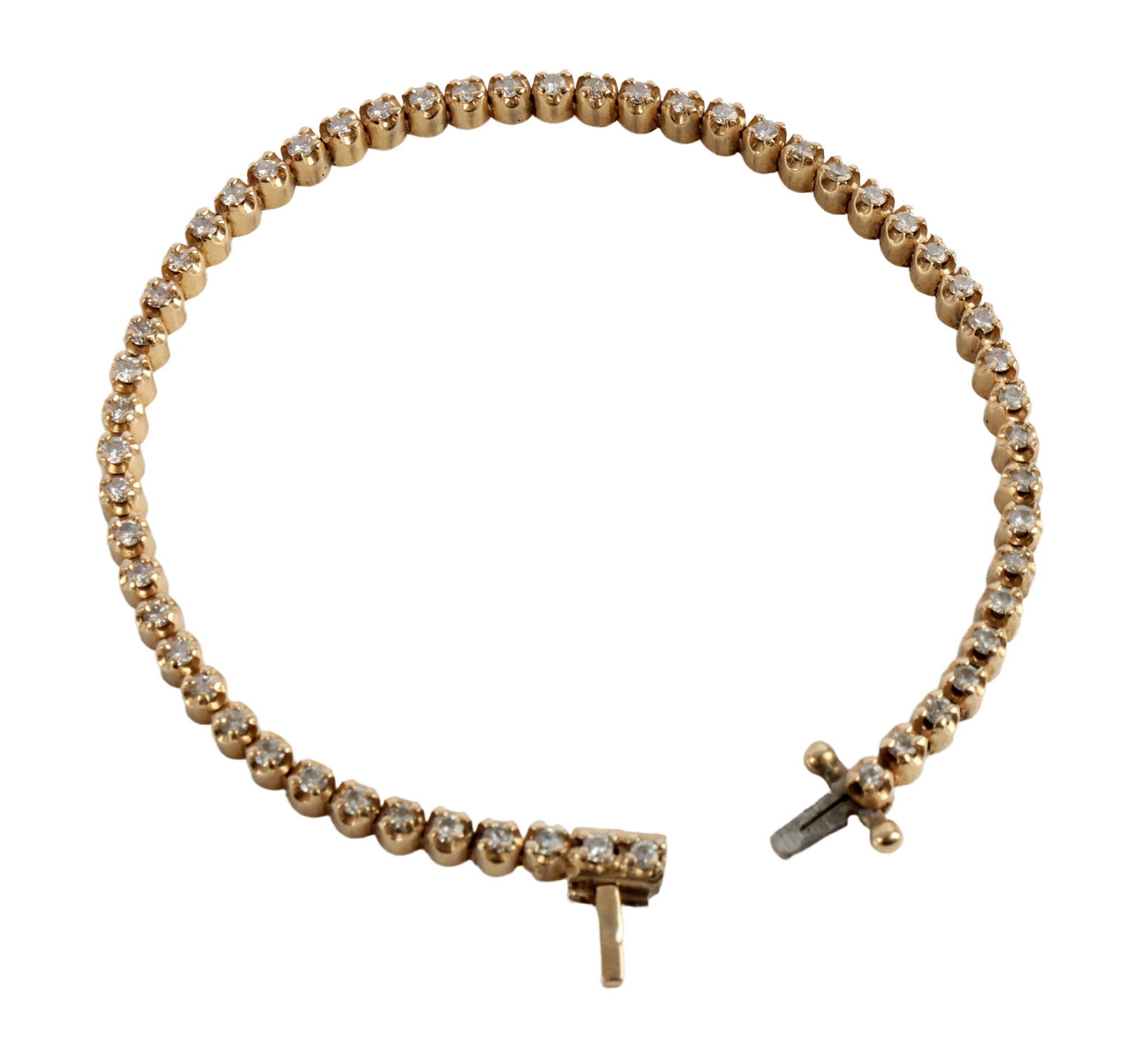 DIAMOND TENNIS BRACELET 14K YELLOW GOLD: 13.3 grams. Diamonds measure 1.9 millimeters. Total length 7.25 inches. Diamonds clarity I2. This lot reserved at melt.