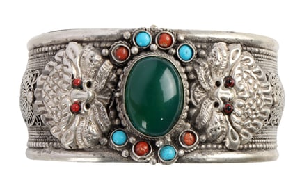 SILVER TIBETAN CUFF WITH TURQUOISE & CORAL