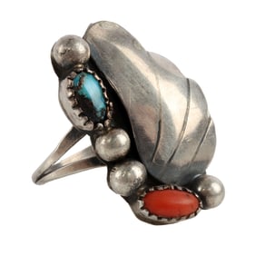 SILVER TURQUOISE AND RED CORAL RING
