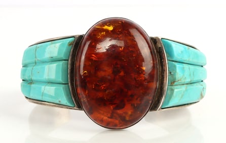 TURQUOISE SILVER & AMBER CUFF