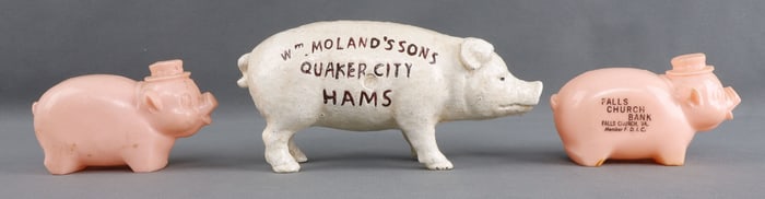 PIGGY BANK CAST IRON QUAKER CITY HAMS & 2 PLASTIC