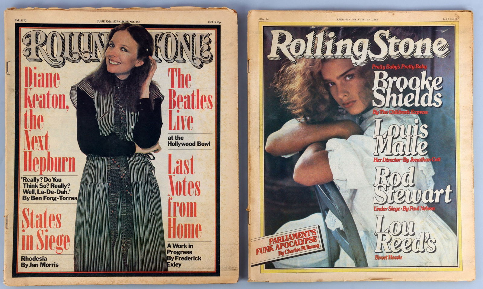 ROLLING STONE CLASSIC ACTRESSES 1970S LOT OF 2: Two issues of Rolling Stone magazine from 1977 and 1978, each with a cover featuring a classic screen actress: Brooke Shields and Diane Keaton. Very good, original condition.