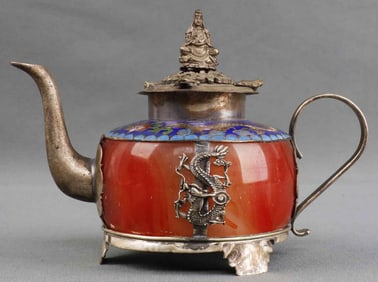 RED JADE & PEWTER TEA KETTLE NEPHRITE