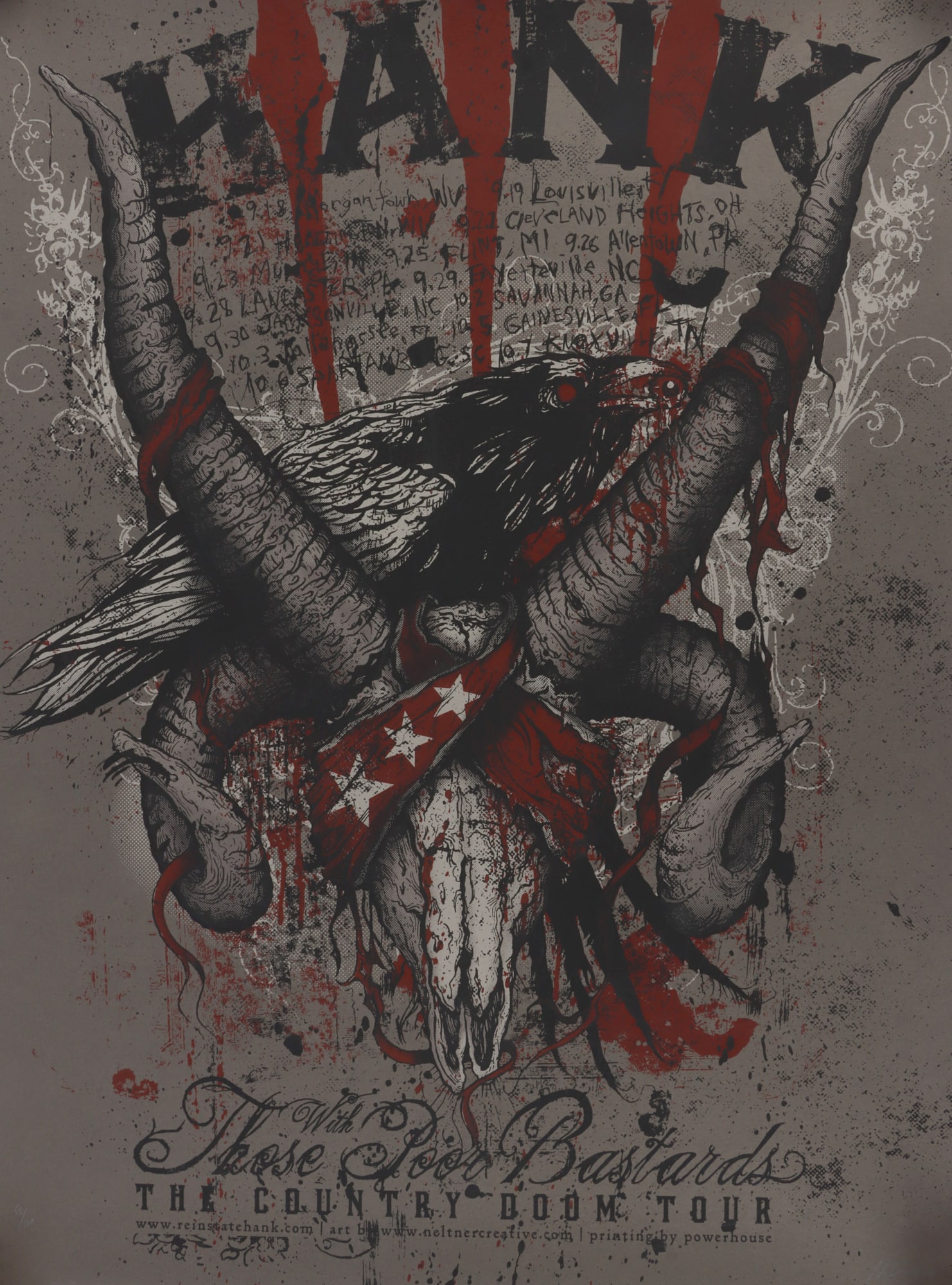 HANK III COUNTRY DOOM TOUR ART POSTER NELTNER: An art print poster for Hank Williams III's Country Doom Tour, featuring Those Poor Bastards. Designed by Neltner. Signed by Neltner and numbered 56/120. 19.25 X 25.5 inches. Very good, original condi