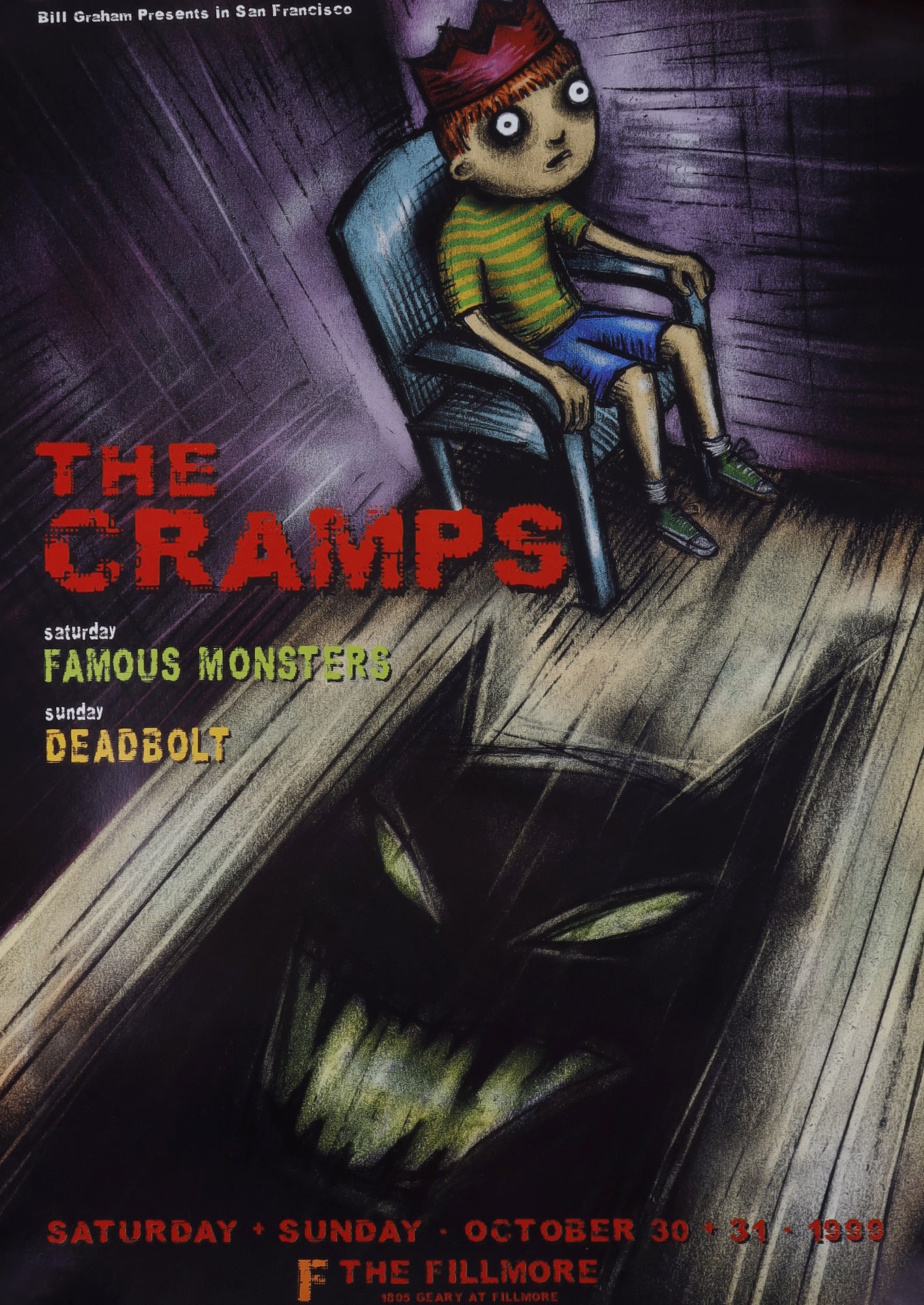 THE CRAMPS 1999 FILLMORE CONCERT POSTER D'ANDRADE: A poster for the Cramps 1999 concert at the Fillmore. Designed by Hugh D'Andrade. 13.25 X 19.25 inches. Very good, original condition. This lot has a reserve.